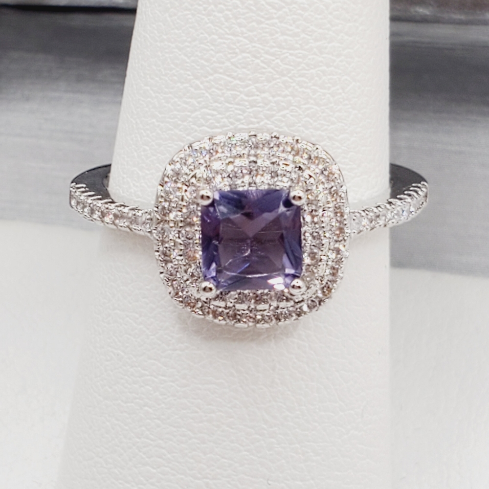 Purple Amethyst Double Diamond Halo Silver Tone Ring - Picture 3 of 4